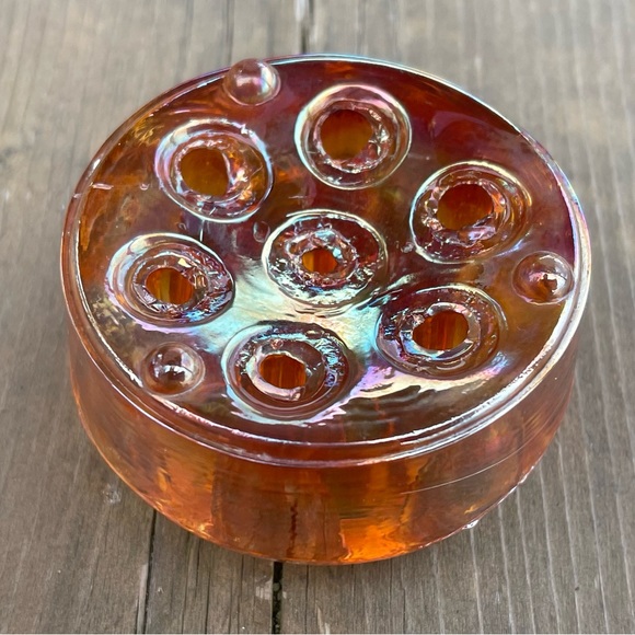 Vintage Iridescent Marigold Carnival Glass Flower Frog Floral Arranger - Picture 12 of 14